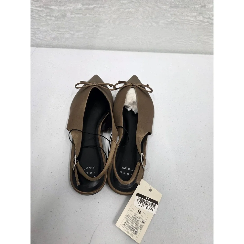 A New Day Camille Taupe Satin Pointed Toe Slingback Bow Flats Shoes Size 10 NWT